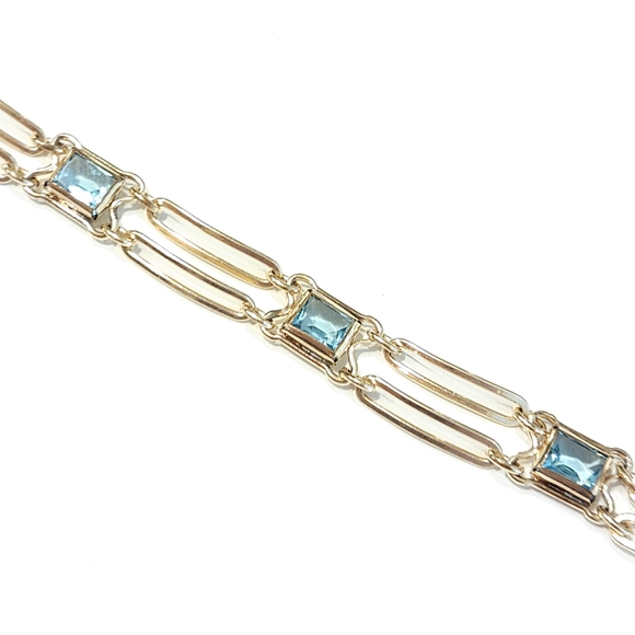 Sturdy 12K Gold Filled Blue Glass Faux Topaz Art Deco Vintage Bracelet 40s 50s - Picture 7 of 16